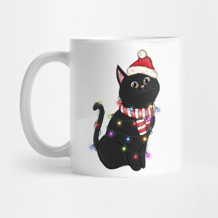 black cat santa hat christmas lights Mug